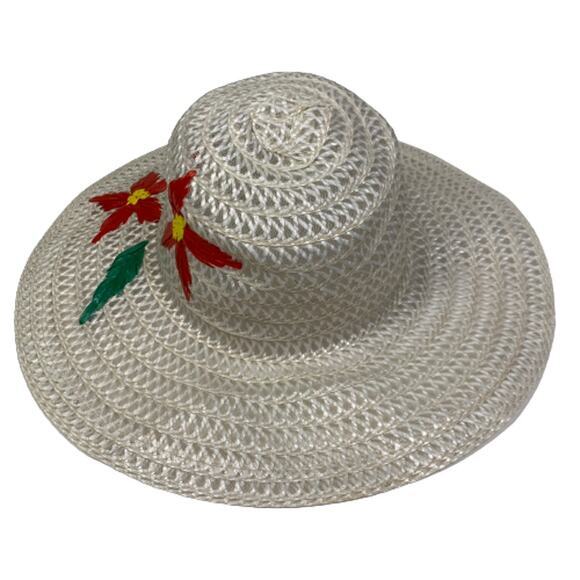 PARIS ACCESSORIES Hat Vintage Floral Straw Wide Brim Beach Sun White  Retro‎ - Picture 3 of 7